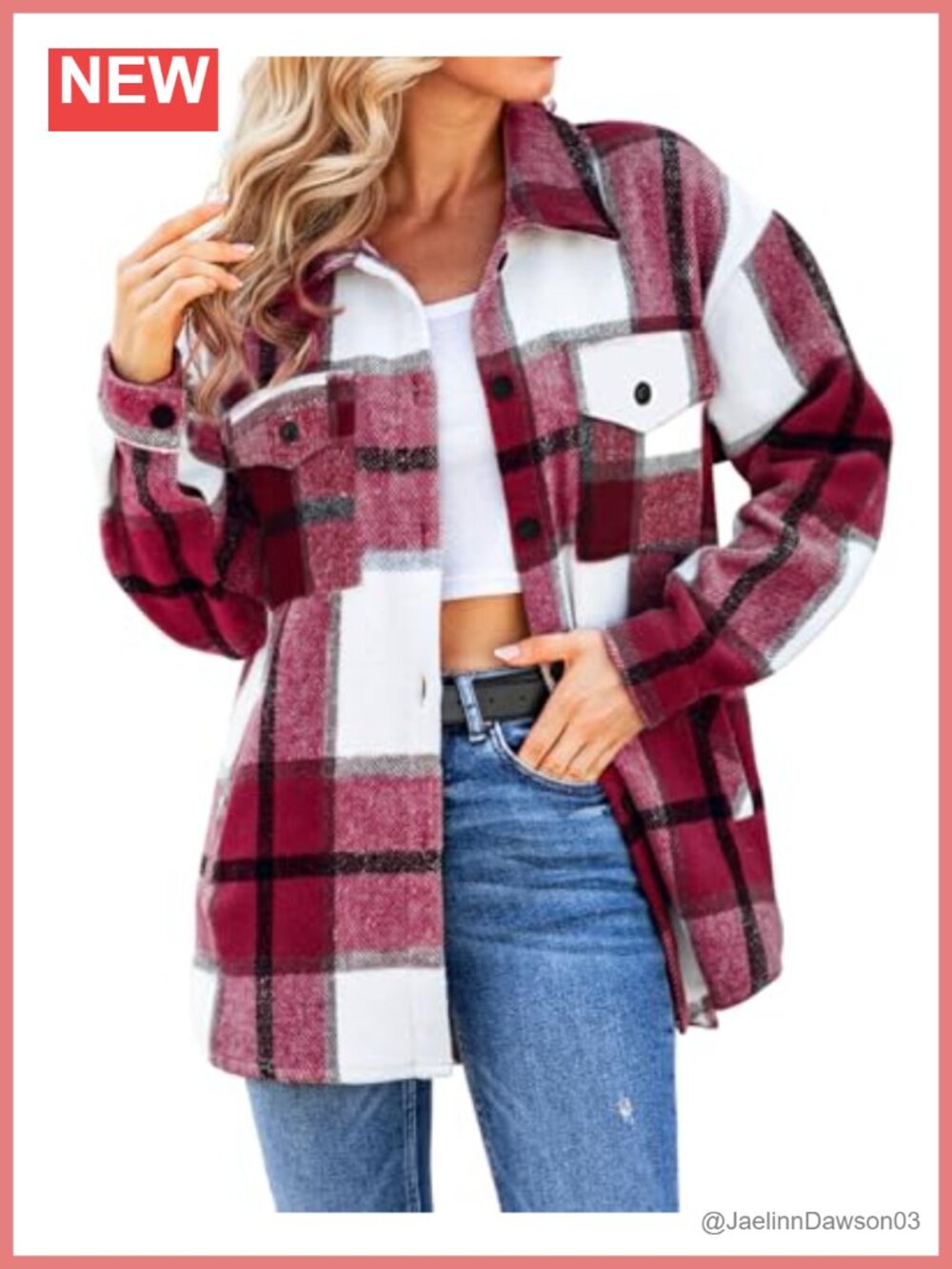 Oversized Plaid Flannel Button-Down Shacket Jacket Nylon Spandex